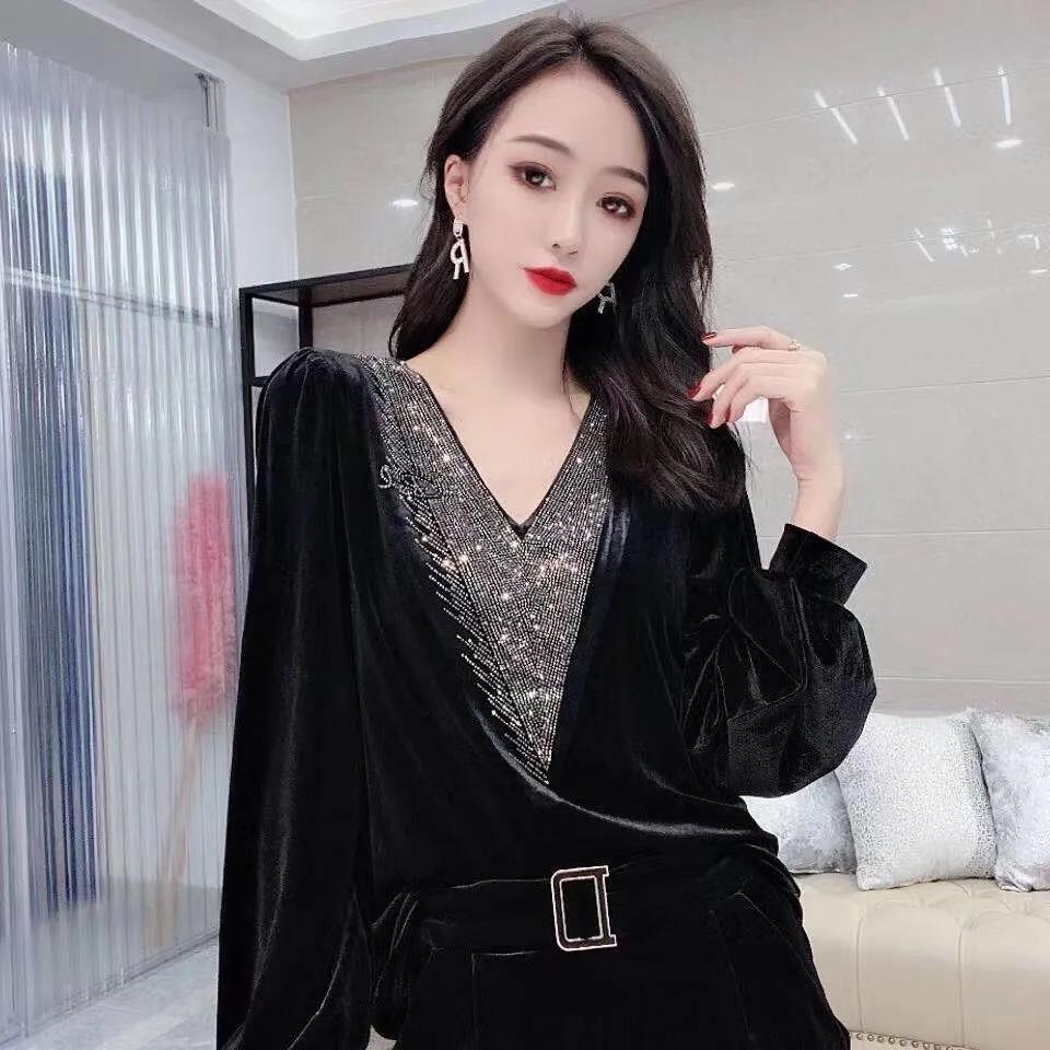 Spring Fall Women Sexy V-neck Gold Velvet top Elegant Blue Long Sleeve Wild Basic Shirts Vintage Casual Ladies Top Pullover