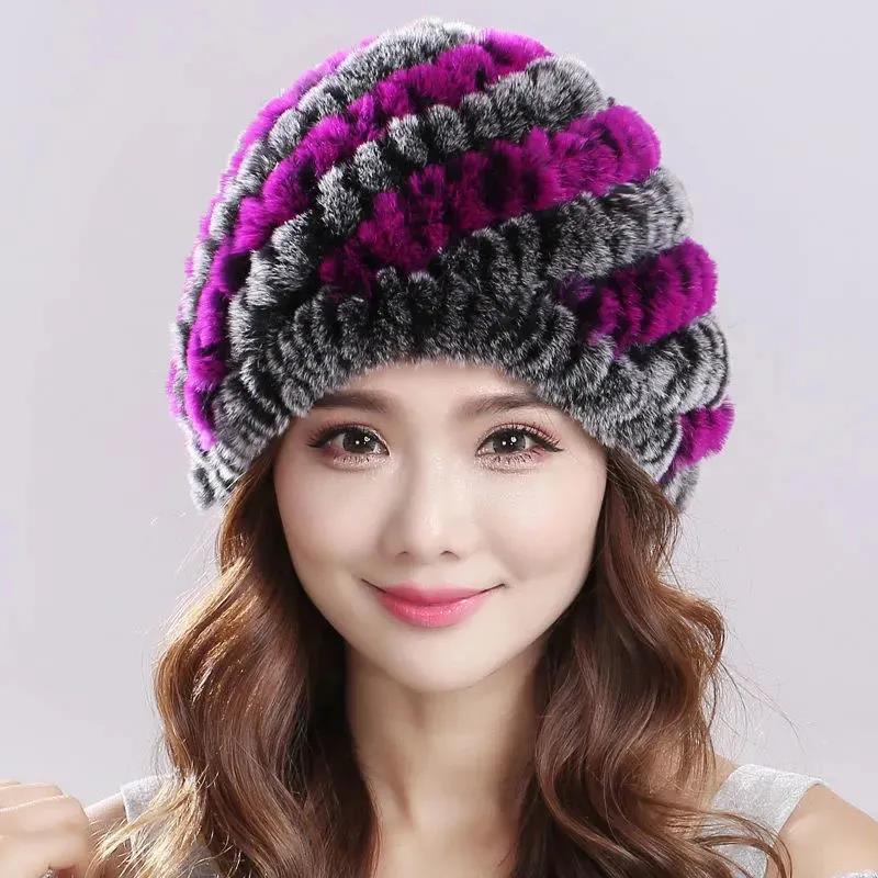 Rex Rabbit Fur Hat Female Winter Thickened Warm Hat Fashion Color Striped Plush Hat