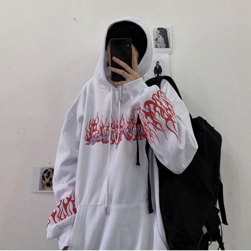 Spring Autumn Winter Street Hip Hop Retro Flame Print Loose Hooded Velvet Sweater Women's Tops