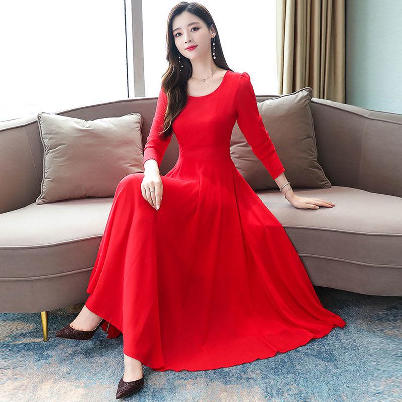 Chiffon large swing dress female long spring and autumn dress plus size long-sleeved slim skirt