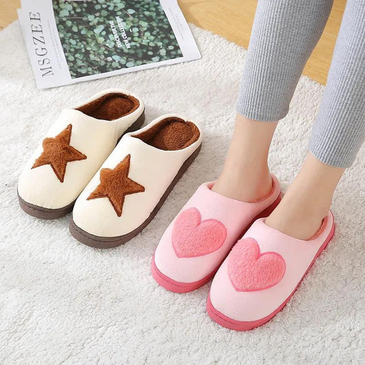 Winter Slippers Women Cotton Shoes Heart Pentagram Cute Thick Fleece Warm Men Plus Size Slides Home Indoor Casual Slipper