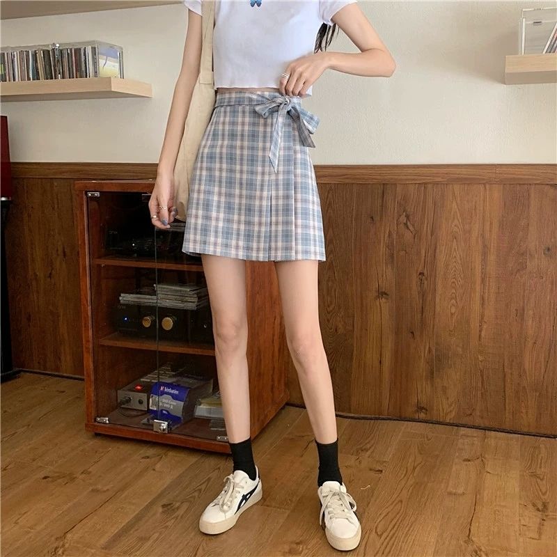 Bow School Girl Women High Waist Pleated Skirt  Plaid A-Line Flare Skater Short Skirt Uniforms Cosplay Sweet Girls