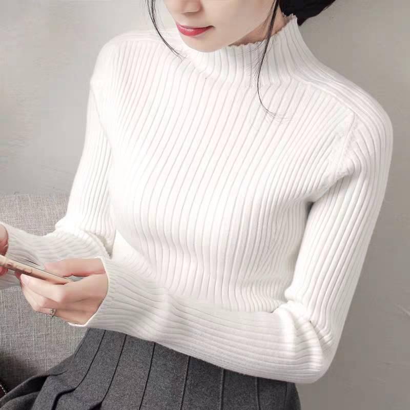 Pofulove Solid Color Half Turtleneck Slim Was Thin Sweater Women's Sweater Pullover Bottoming Shirt