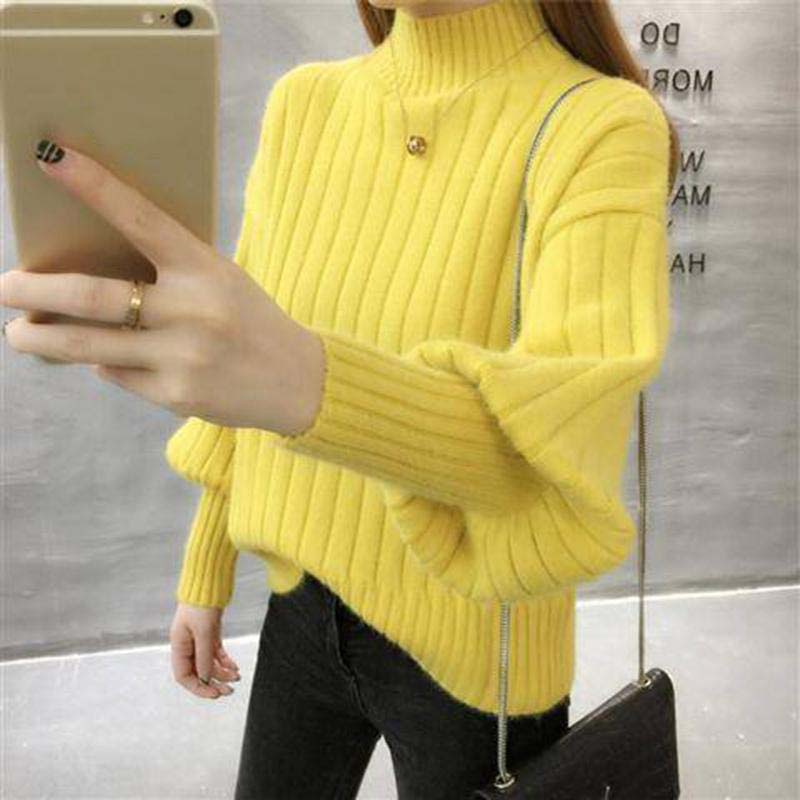 Winter Women Puff Sleeve Half Turtleneck Pullover Sweater Slim Sexy Soft Knitt Sweatshirts