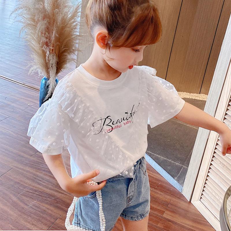 Girls' Summer T Shirt Girls' Printing Yarn Shirt Loose Version 1-8 Years Old Children's Short Sleeve Shirt Dots Folded Ruffles T Shirt