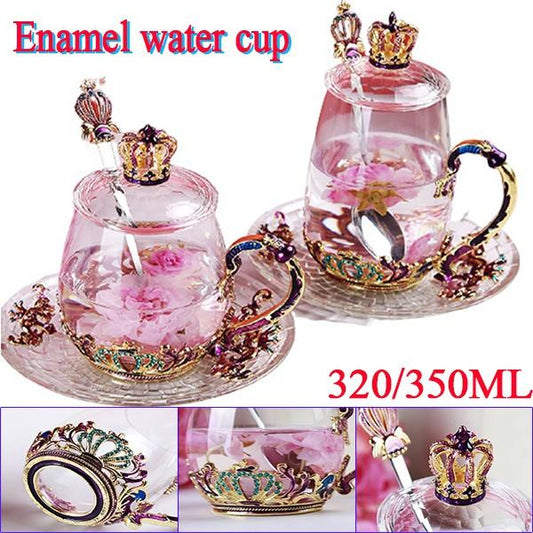 320/350ML Enamel Water Cup Household Coffee Cup Glass Cup Tea Crystal Beer Cup with Handle Wedding Gift Creative Flower Teacup Heat-resistant Glass