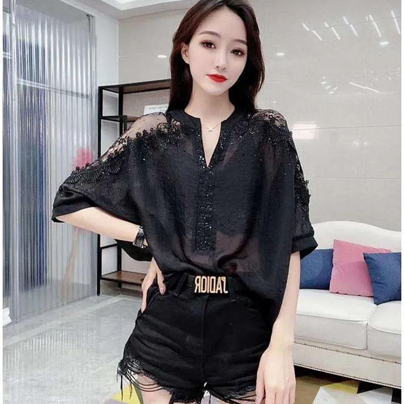 Ladies Chiffon Blouses Translucent Top Lace Strapless Blouses Shirt Bat Shirt V Neck Blouses Ladies Rhinestone Blouses Cool Breathable Blouses