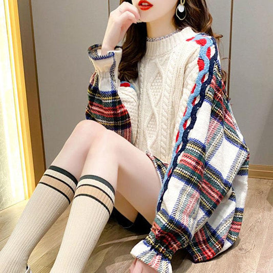 Women Fake Two-piece Sweater Loose Casual Patchwork Knitted Pullover Sweater Top Students Outwear Autumn Winter