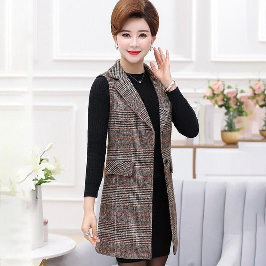 Women's Plaid Vest Jacket Mid-length Sleeveless Women's Waistcoat Suit Waistcoat Women's Mid-length Sleeveless Jacket Slim and Thin