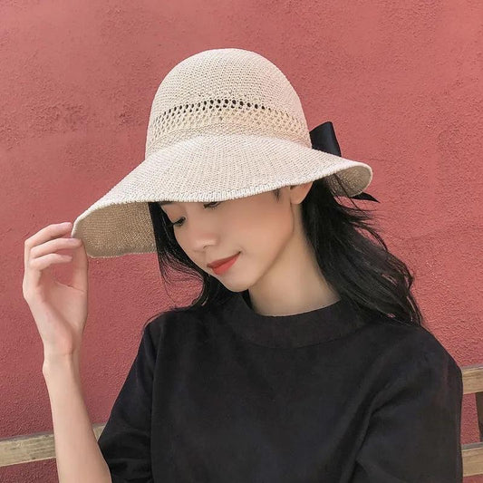 Women's Hollow Out Bow Sun Hat Empty Top Hat Foldable Sun Cap Big Brim Sun Protective Hat Summer Cool Hat All-match