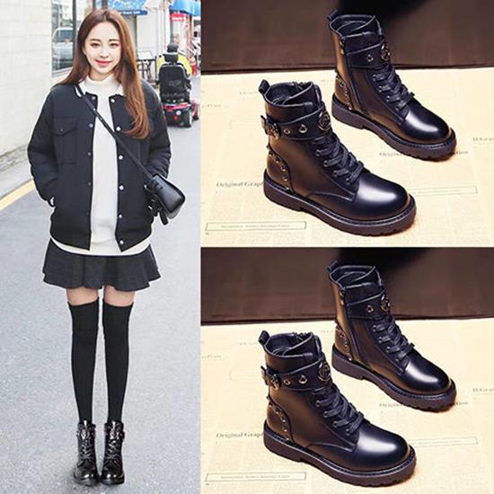 Pair of Shoes Fashion Women Boots Round ToeThick Bottom PU Leather Waterproof Woman Martin Boots