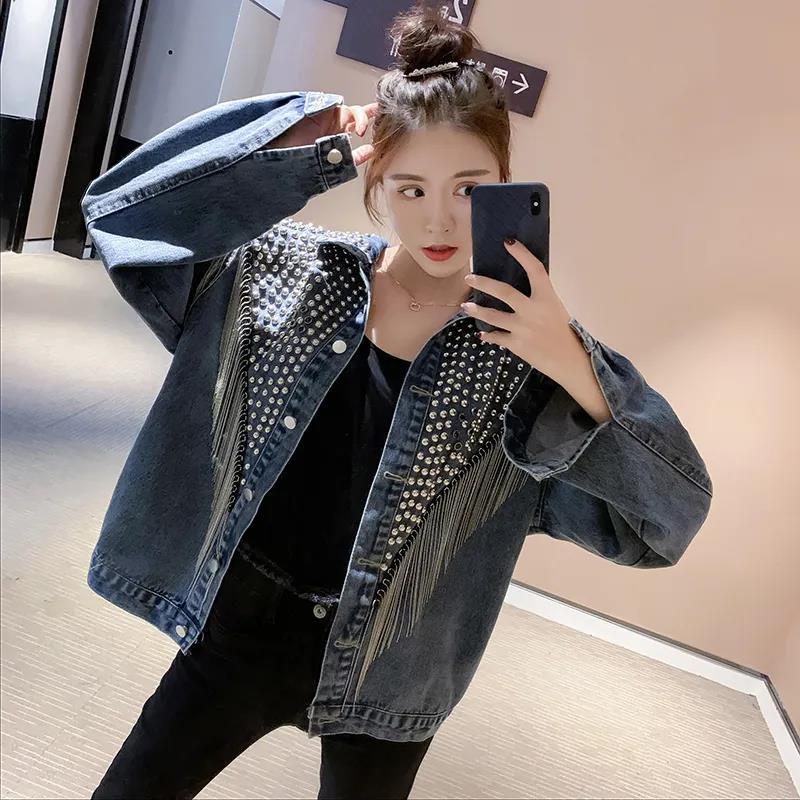 Autumn Streetwear Denim Jacket Women Hand-studded Rivet Tassel Chain Short Jeans Jacket Loose Black Coats