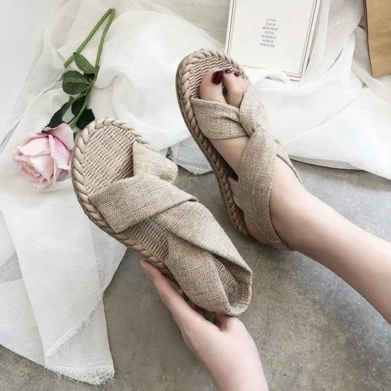 Flat-bottomed Sandals Women's Summer All-match Denim Cloth Cover Roman Shoes Korean Version Non-slip Wear-resistant Sandals