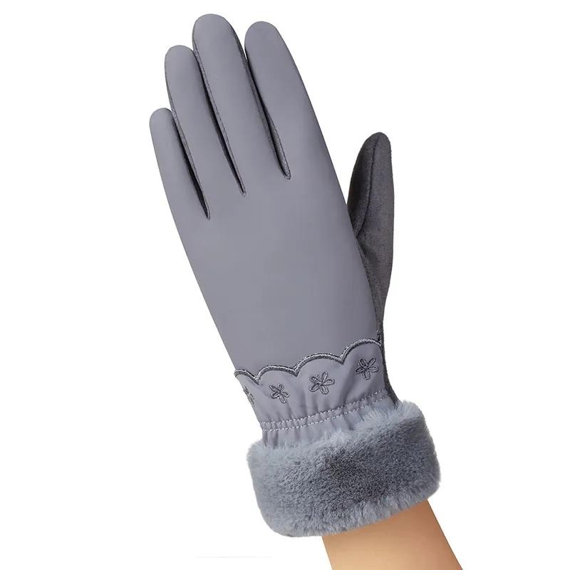 Women's Winter Down Cotton Gloves Cold-proof Plus Velvet Thickening Waterproof Touch Screen Mittens for Riding Driving Thermal Embroidered Gloves