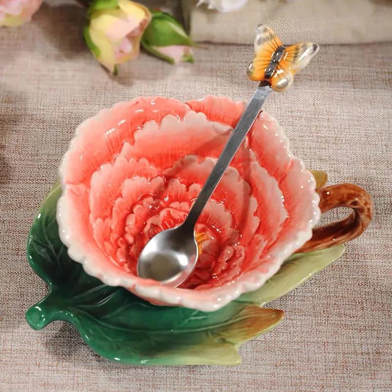 European Style Light Luxury Practical Ceramic Peony Flower Coffee Cup and Saucer Set with Spoon Three-piece Teacup Flower Teacup Modern Chinese Style