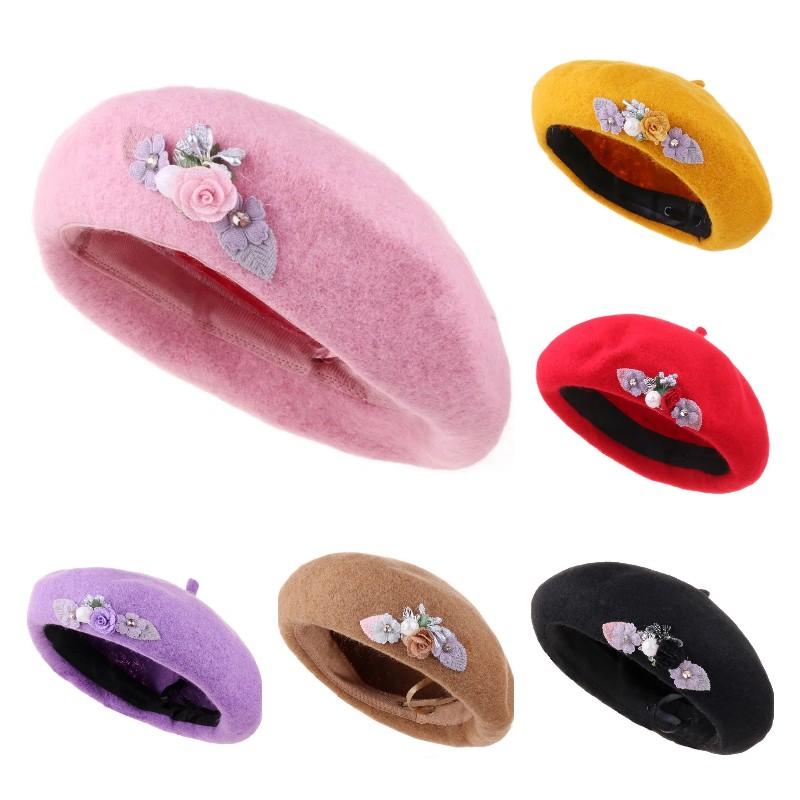 Retro Flower Beret Women's Elegant Wool Blend Artist Painter Hat Autumn Winter Beret Adjustable All Match Top Hat