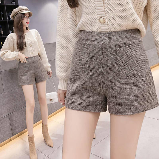 Shorts Women Classic Plaid High Waist Wide Leg Shorts with Belt Wool Boots Shorts