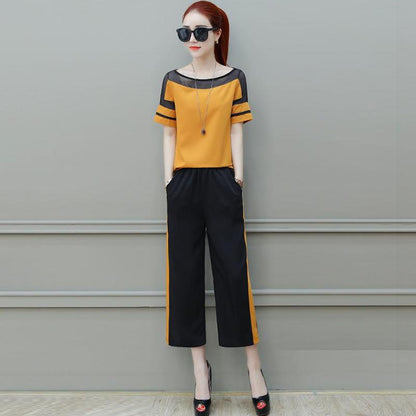 Two-piece Suit Women's Short-sleeved T-shirt Wide-leg Pants Two-piece Loose Casual Suit Fabric Lightweight Breathable Temperament Fan Two-piece Suit