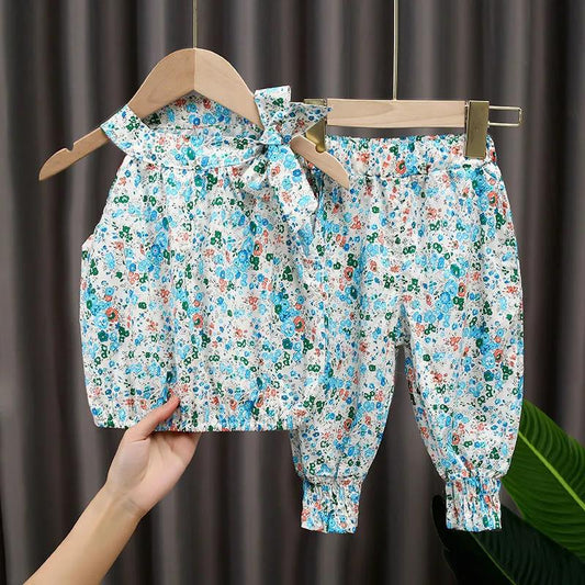 Children's Suit Summer Thin Korean Style Loose Print Broken Flower Girls Suspender Shorts Ventilation Two Piece Set