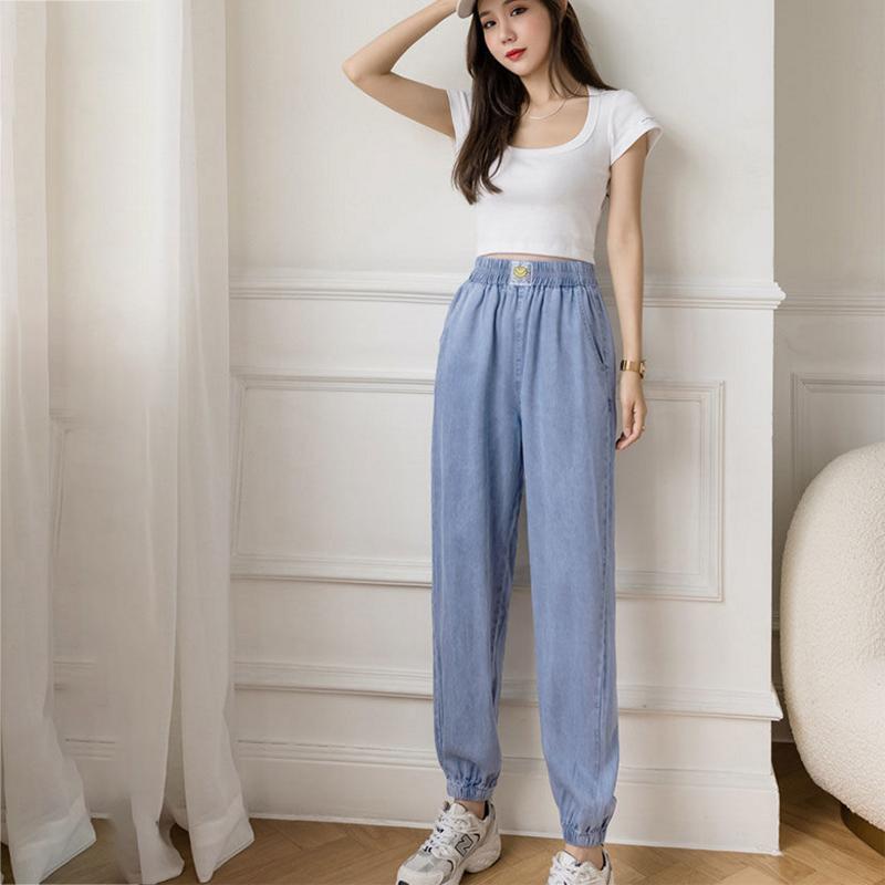 WTEMPO Cool Thin Hole Harem Pants Women's Jeans Loose Wide Leg Straight  Denim Big Pocket Trousers