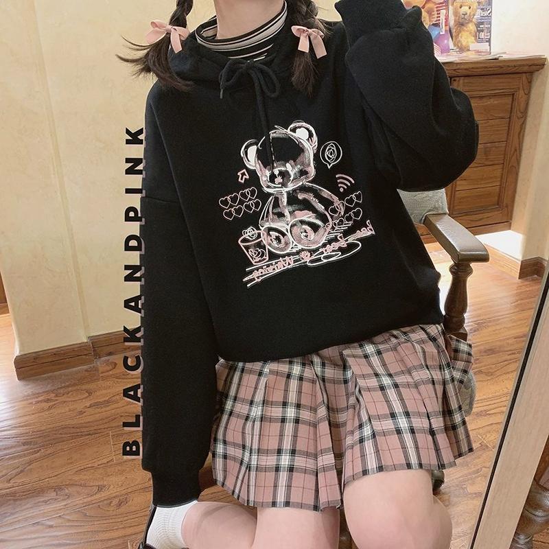 Hoodies Sweatshirts Women Graffiti Printed Fashion Streetwear Harajuku Pullovers Tops Black Fall Winter Thick Fleece Oversized Anime Hoodies