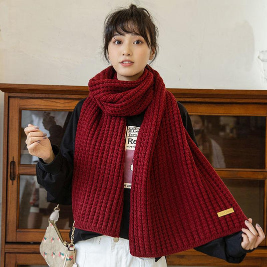 Korean Version of Pure Color Knitted Wool Scarf for Autumn and Winter Thicken Warmth and Lengthen Scarf Shawl