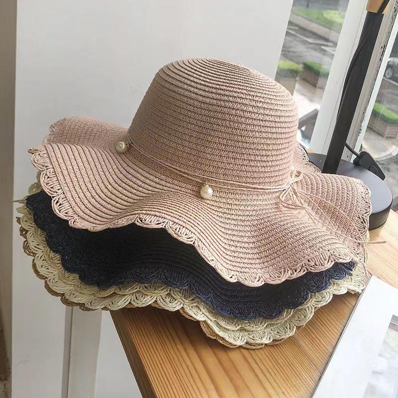 Women's Summer Pearl Wavy Straw Cap Wide Brim Hat Sunscreen Sun Hat Anti-ultraviolet Sun Cap Large Edge Beach Hat