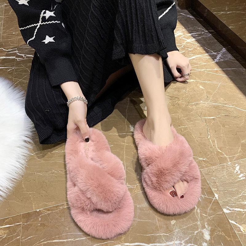 Hairy Slippers Women's Flat-bottom Non-slip Slip-on Slippers Outer Wear Thick-soled Cotton Slippers Home Warm Cotton Slippers