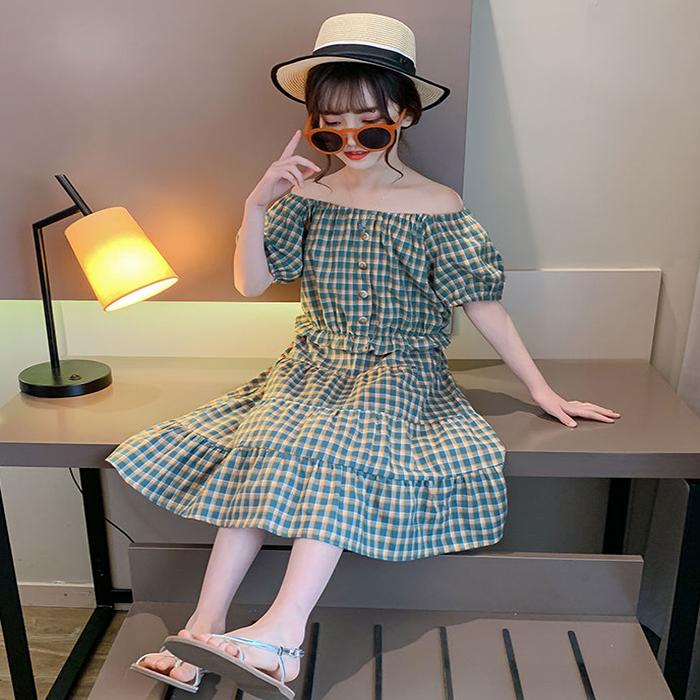 Girls Summer Korean Cake Skirt Suit Girl Western Style Cotton Plaid Short-sleeved Skirt Two-piece