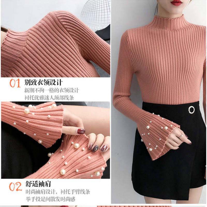 Trumpet Sleeves Pullover Sweater Women's Long-sleeved Slim Beaded Sweater Bottoming Shirt