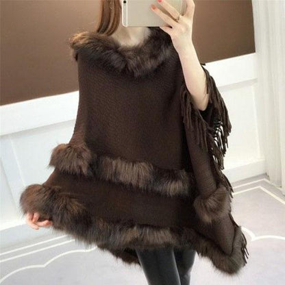 Autumn and Winter Imitation Fox Fur Cloak Shawl Bat Shirt Female Fur Collar Coat Plus Size Tassel Mid-length Sweater Coat