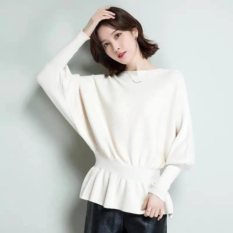 Spring and Autumn Sweater Women's Korean Style Loose Neck Undershirt Pullover Slim Knitted Bat Tops