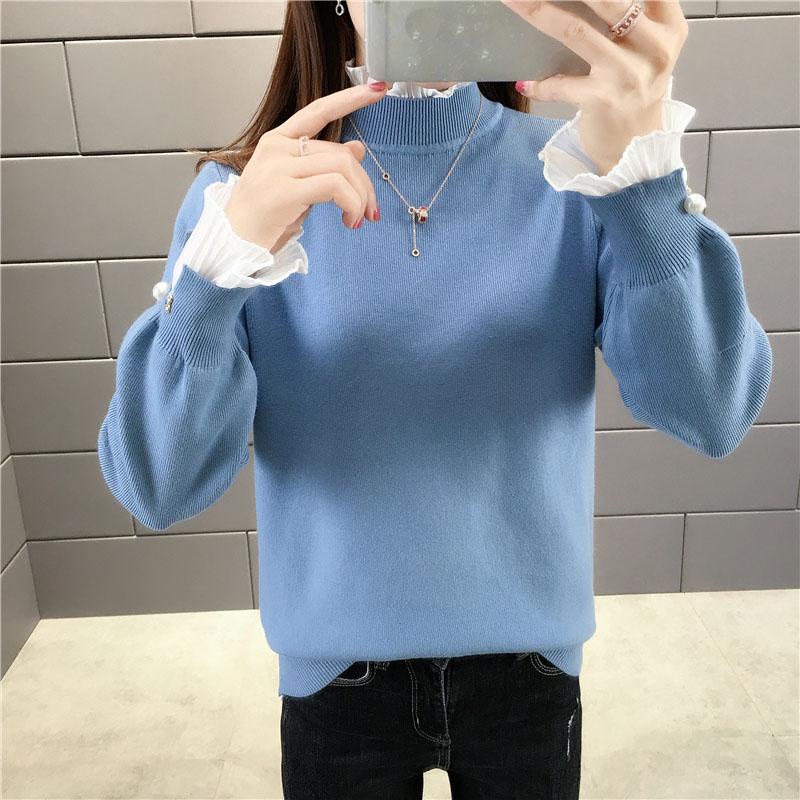 Ruffles Lace Stitching Collar Fake Two-piece Warm Sweater Female Thick  Pullover Sweater Short Stretch Slim Knitwear Bottoming or Outwear