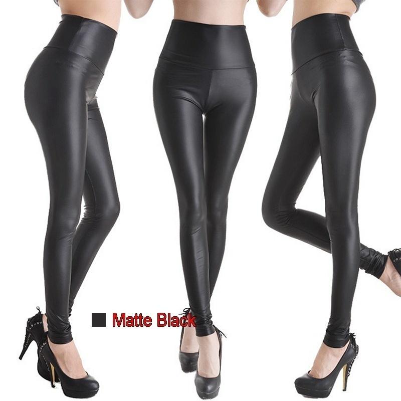 Women Shiny Metallic High Waist Pants Black Stretchy Faux Leather Leggings Pants