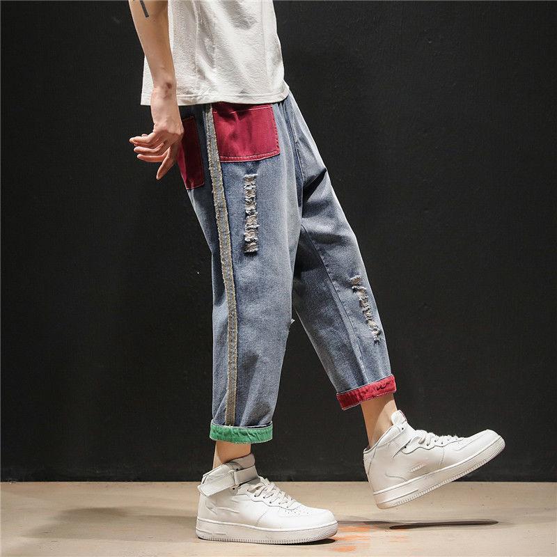 Male Student Hong Kong Style Jeans Men's Loose Straight-leg Pants Wide-leg Pants Trendy Cropped Trousers