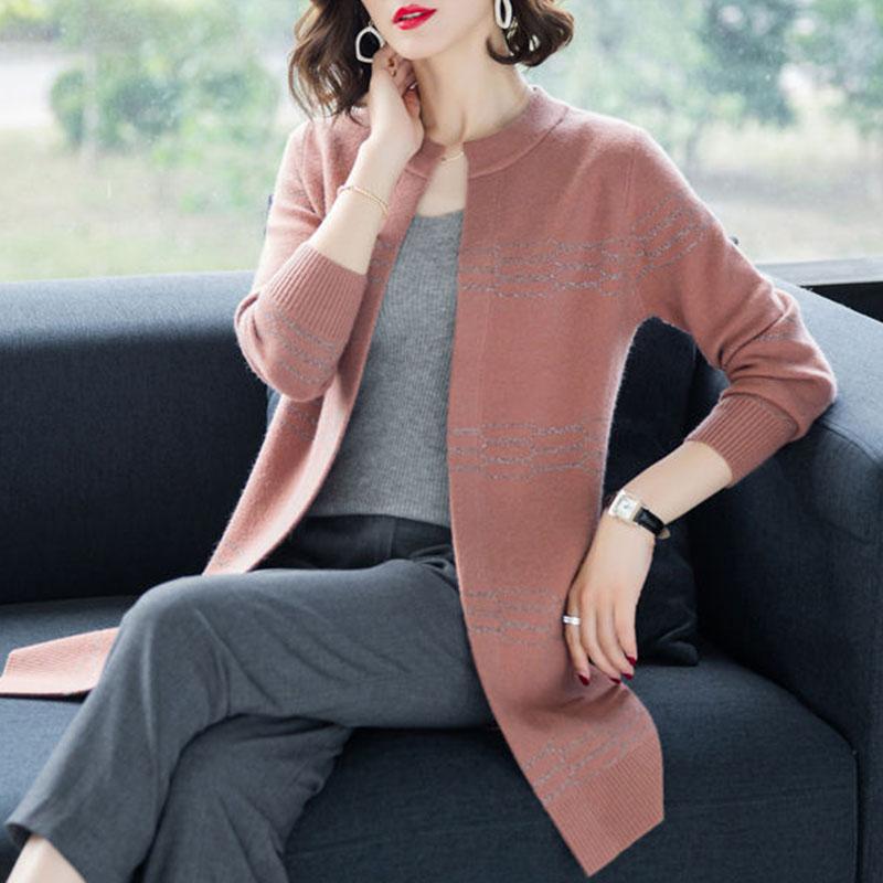 Autumn and Winter Long Loose Sweater Bright Silk Round Neck Woolen Coat Casual Simple Middle-aged Women's Jacket