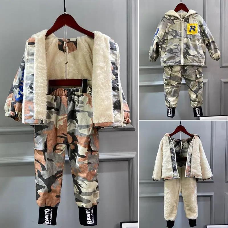 Boy's Suit Winter Camouflage Children's Two-piece Suit Western-style Baby Clothes Plus Velvet Thickening Children's Tide