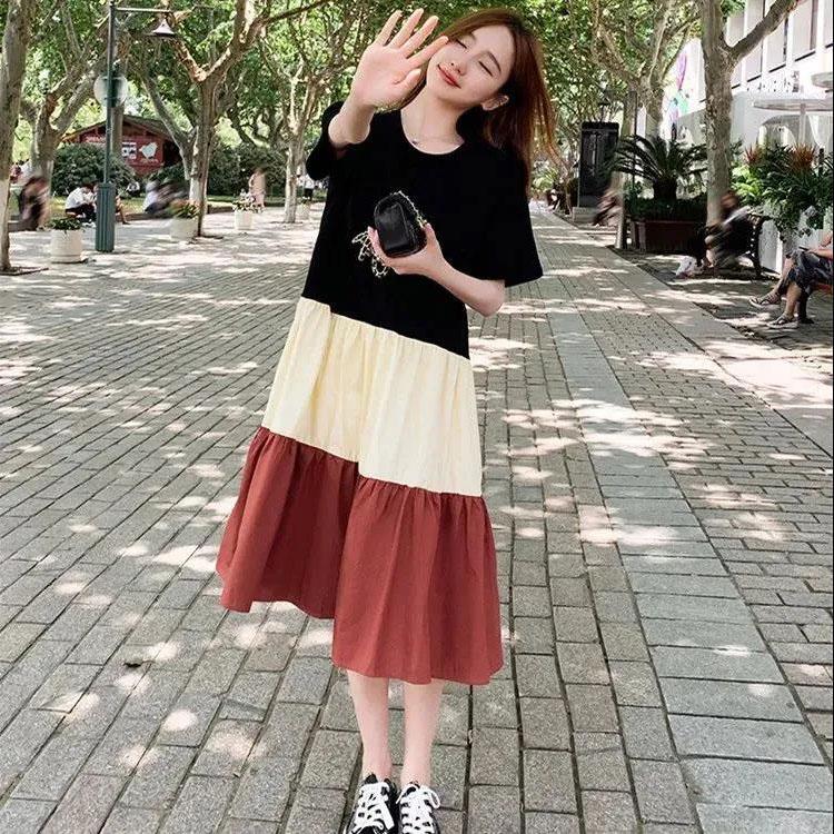 Women Vintage High Waist Large Size Holiday Dress Elegant Slim Pleated Splicing Casual Dress