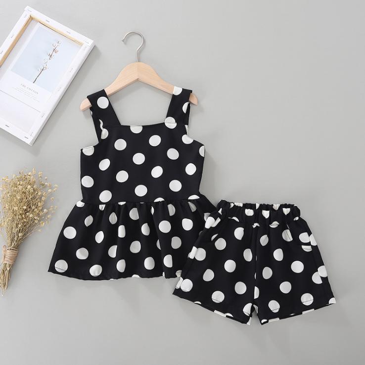 Children's Suit Girls Summer Korean Style Polyster Dot Sling Sleeveless Skirts Shorts Two Piece Set