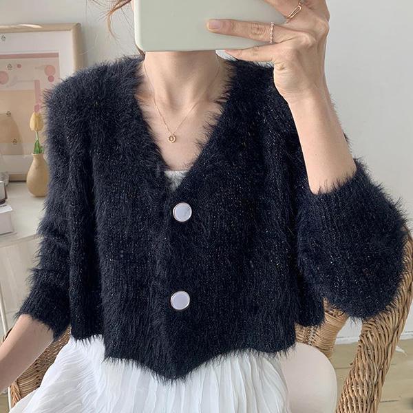 Autumn and Winter Imitation Mink Short Coat Long-sleeved Knitted Cardigan Long-haired Solid Color V-neck Sweater