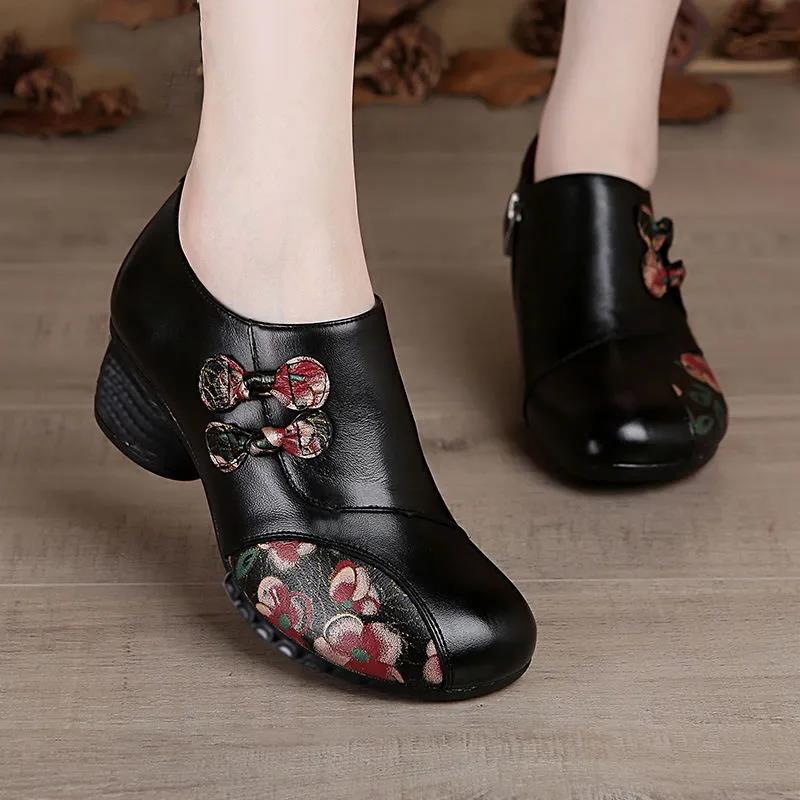 Single Shoes Women 2021 All-match Thick Heel Spring and Autumn Shoes Deep Soft Leather Middle-aged and Elderly Women's Shoes