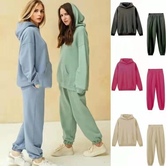 2PCS Women Loose Hooded Suits Solid Color Sports Wear Warm Fleece Hoodie Jogger Long Pants Suit Tracksuit Sets Two Piece Casual Athletic Clothing