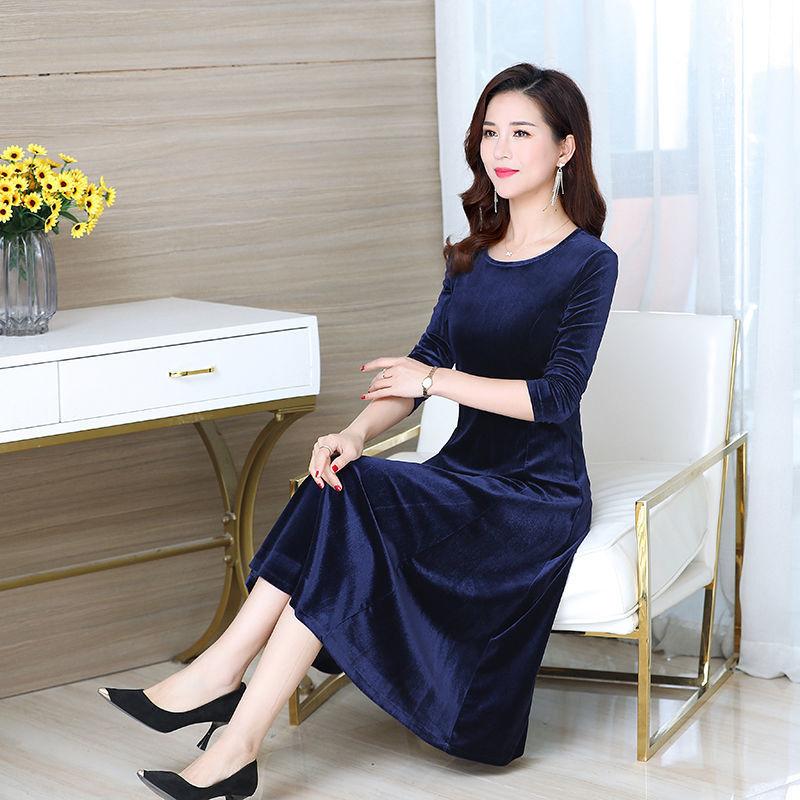 Dress Round Neck Gold Velvet Women's Mid-length Slim Fit Covering Belly Plus Size Mother Skirt Women's Clothing