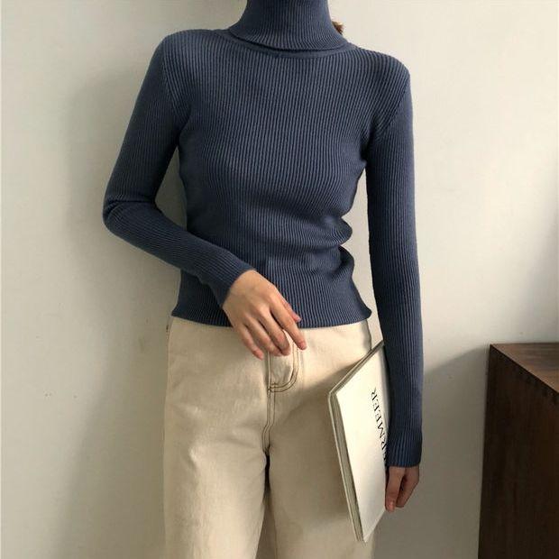 Women's Autumn and Winter Solid Color Thick Sweater Female Knitted Ribbed Pullover Sweater Long Sleeve Turtleneck Slim Soft Warm Sweater