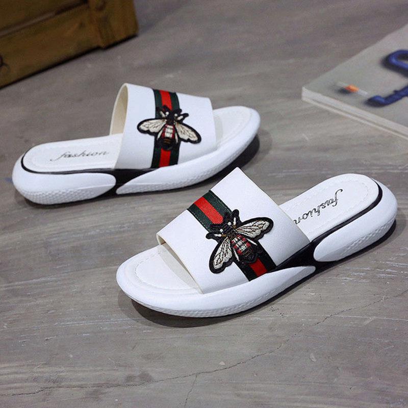 Plus Size 35-40 Summer Women PU Leather Slippers Outdoor Flat Bohemian Beach Wear-resistant Non-slip Office Lady Bee Sandals