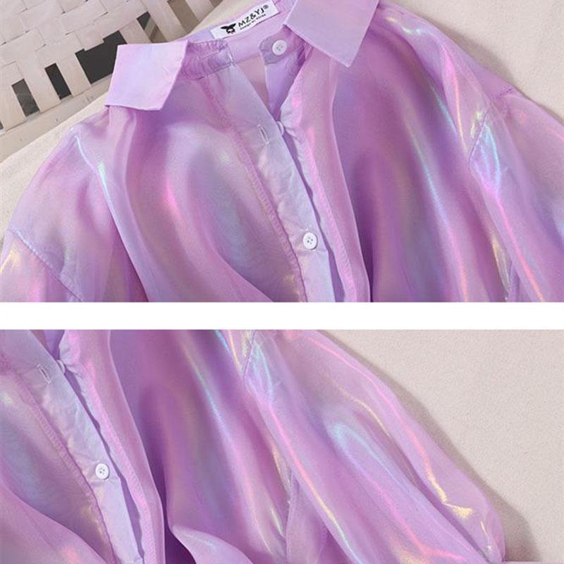 Rainbow Shiny Chiffon Shirt Sun Protection Shirt Loose Long Sleeve Cardigan Women's Thin Coat Casual Top  Women Shirts