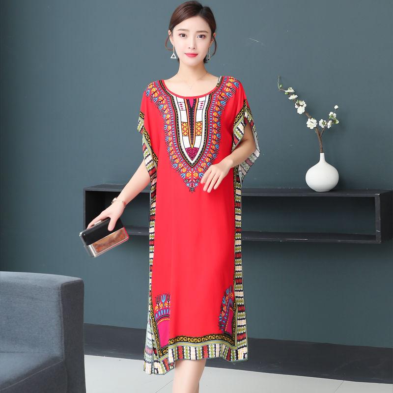 Women Summer Vintage High Waist Short Sleeve Mid-length Dress Elegant Loose Round Collar Print Casual Dress