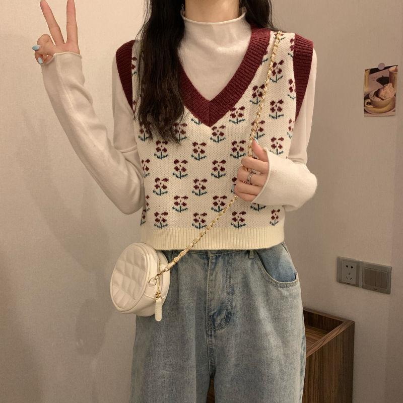 Sweater Vest Women Vintage Sleeveless Knitted Crop Tops Girls Patchwork Flowers Spring Simple Casual V-neck Japanese Style Chic