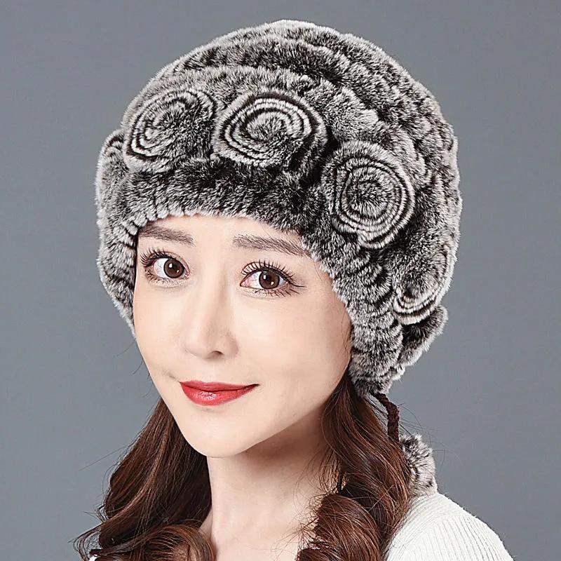 Women's Rex Rabbit Fur Hat Autumn and Winter Elegant Floral Warm Mother's Ear Cap Fur Hat Thick Bib Fur Hat All-match Ear Protection Hat