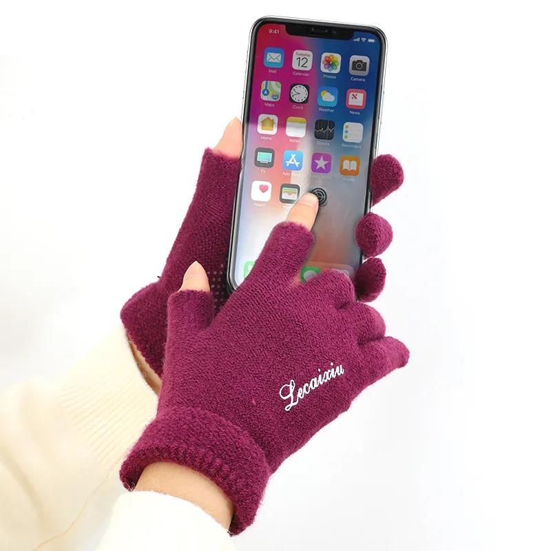 Women's Winter Touch Screen Gloves Warm Velvet Thick Half-finger Mittens Wool Non-slip Show Two-finger Office Driving Gloves Solid Knitting Gloves